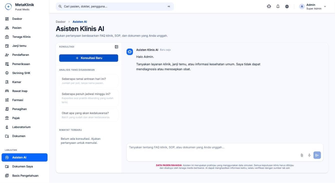 Tampilan AI Assistant di portal di MetaKlinik