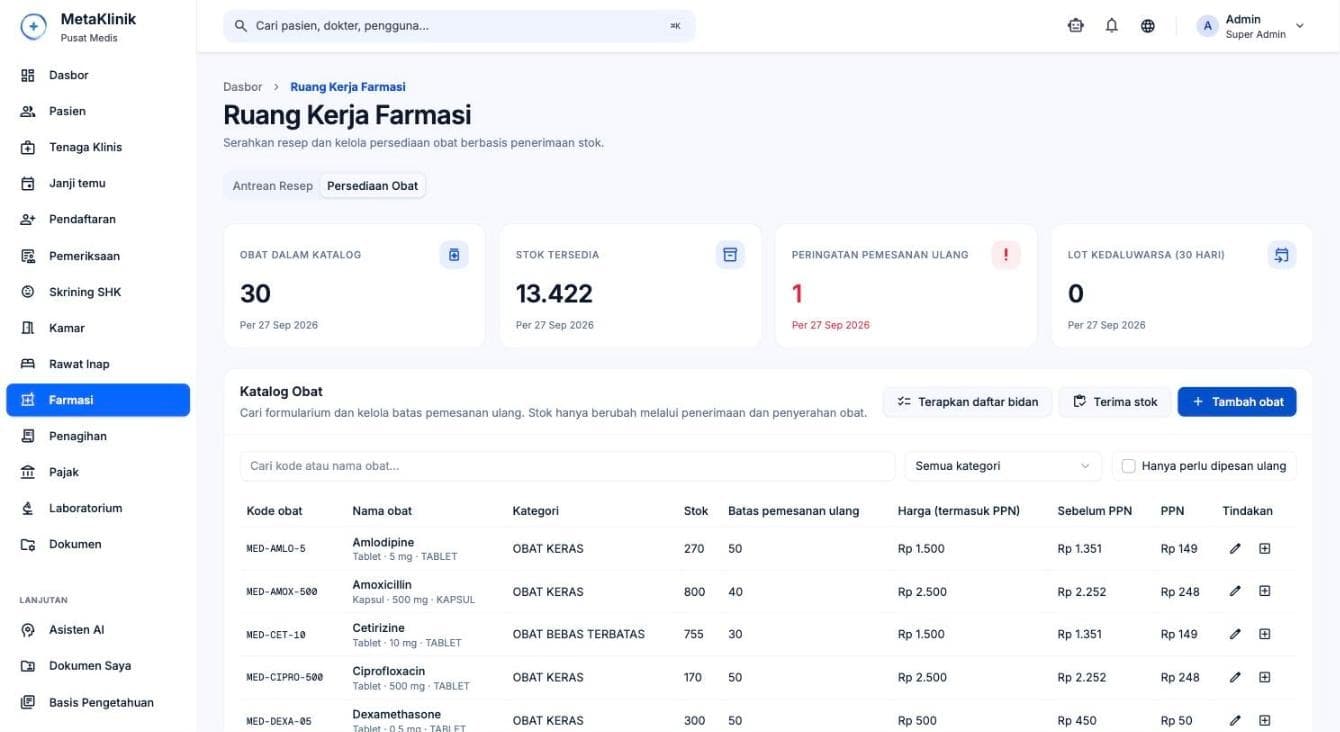 Tampilan Persediaan obat di MetaKlinik